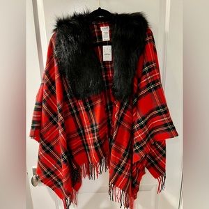 J. Crew Cape, red plaid with black fur collar, OS, NWT
